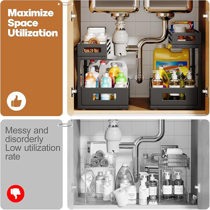 2-Pack 17"Deep Under Sink Organizer And Storage, 2-Tier L-Shaped Pull Out Cabinet Organizer with Upgraded Slide Rails, Height Adjustable Drawers for Kitchen&Bathroom, Extra-Large Storage Shelves–Black