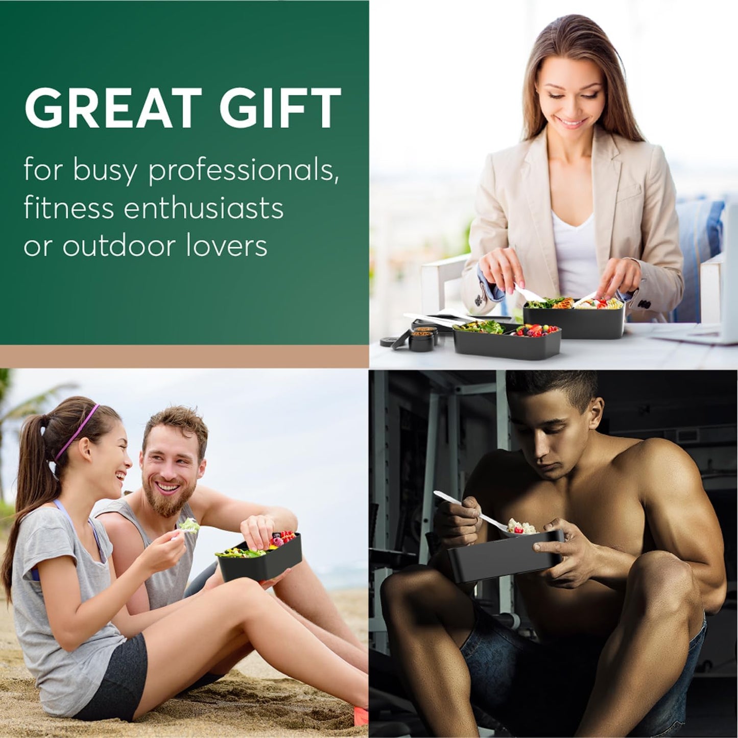 Umami Lunch Box Containers w/ 4 Utensils, Sauce Jar, Nestable Space-Saving Bento Box Adult, 100% Leakproof, Microwavable Lunch Containers for Adults, Design Award Winner, Black, 30 oz