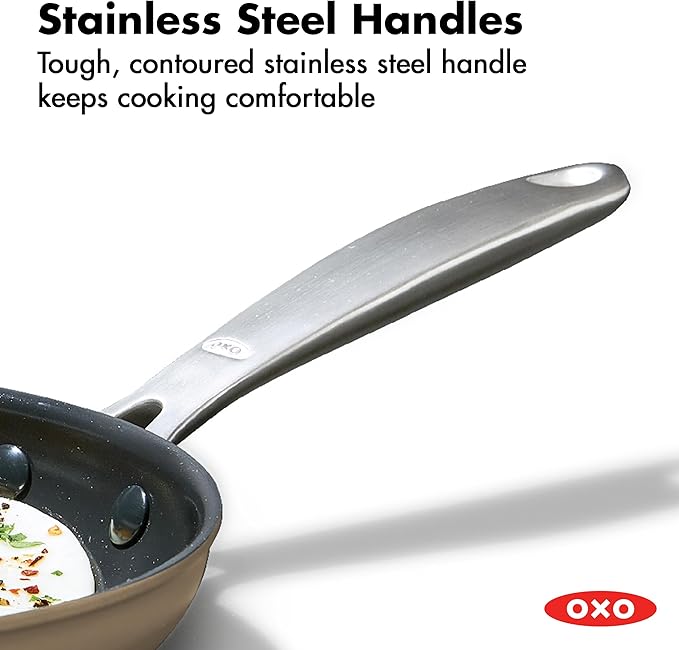 OXO Enhanced 8” Nonstick Frying Pan Skillet, Ceramic PFAS-Free Cookware, Stainless Steel Handle, Eggs & Omelets, Dishwasher & Oven Safe, Biscuit Brown