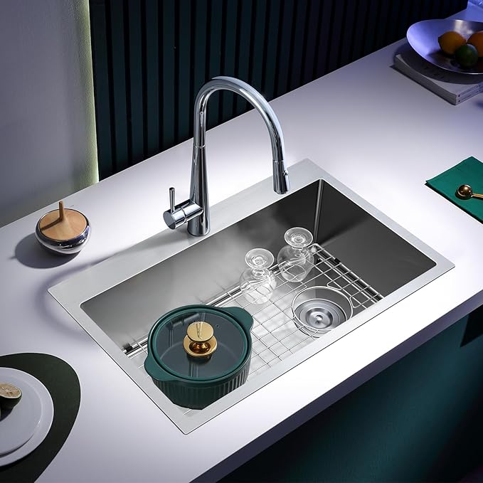 ROVOGO 25x18x9 Drop-in Kitchen Sink Single Bowl with Offset Drain Assembly and Bottom Grid, 304 Stainless Steel Handmade Modern Sink Top Mount with 1 Faucet Hole, Brushed