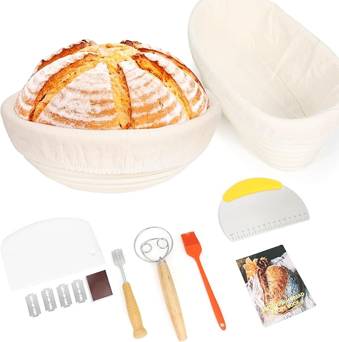 9 & 10 Inch Banneton Bread Proofing Basket Set with Liners,Dough Scraper,Bread Lame & Danish Whisk - Oval and Round Sourdough Baking Kit for Professional & Home Use