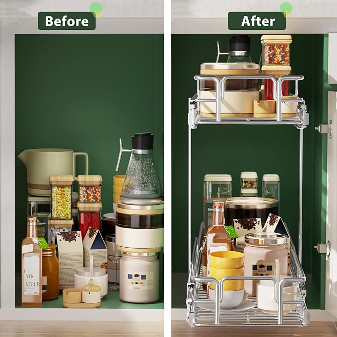 LOVMOR 2 Tier Individual Pull Out Cabinet Organizer 9" W x 21½" D, Slide Out Kitchen Cabinet Storage Sliding Shelves