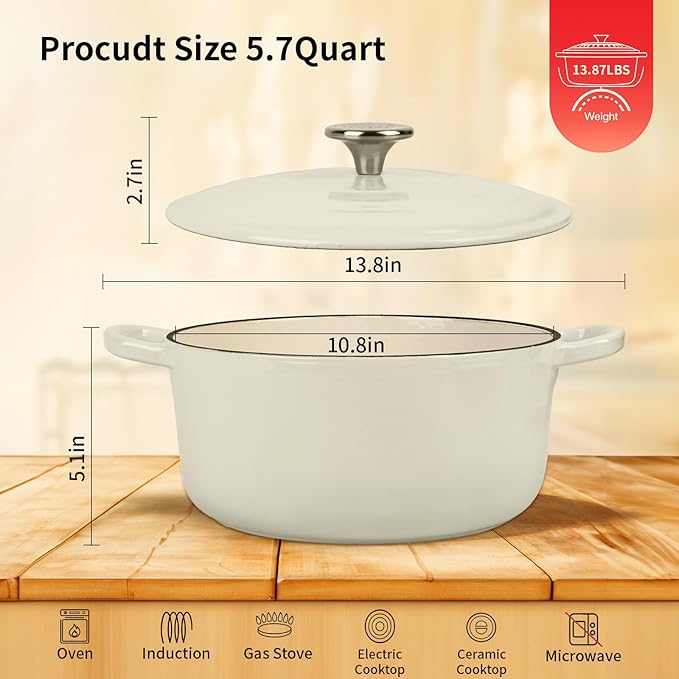 Enameled Cast Iron Dutch Oven Pot with Lid, 5.7 Quart Dutch Oven for Bread Baking, Oven Safe up to 500° F, Suitable for Bread Baking, Braising, Roasting, Stews, White
