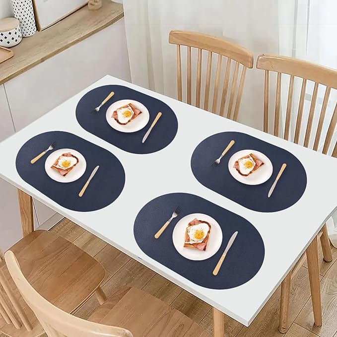 Reversible Placemats Set of 6 Waterproof Oval Faux Leather Placemat Navy Blue and Yellow PU Table Mats Heat Resistant Anti Slip Washable Place Mat for Indoor and Outdoor Dining Table