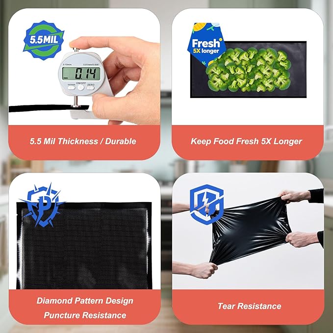 All Black Vacuum Sealer Bags 15" x 20", 5.5 Mil Precut Vacuum Seal Bags for Food Storage, Sous Vide, and Meal Prep, Heavy Duty Commercial Grade, 50 Count