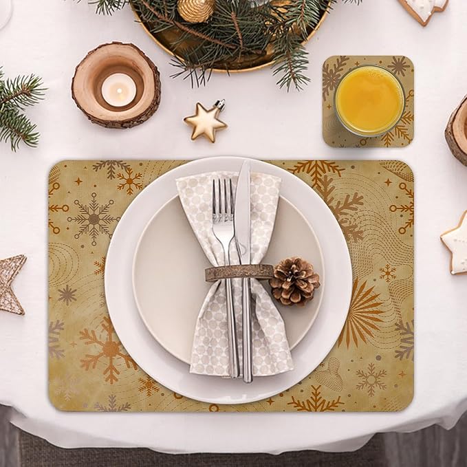 Le courant 16.9in 6PACK Christmas Snowflake Placemats with 6 Coasters, Reversible Faux Leather Easy Clean Waterproof Stain Resistant Place Mats, for Home Party Dining Holiday Table Decor
