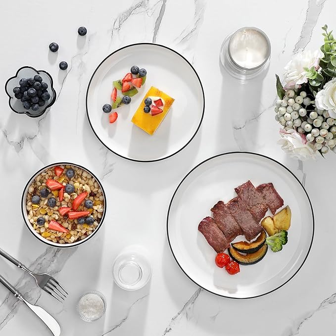 MALACASA Plates and Bowls Sets, 24 Pieces Modern Porcelain Dinnerware Set for 8 White Kitchen Dinner Dining Ware Set wtih Black Rim Ceramic Dishware Dishes Microwave and Dishwasher Safe, Series LUNA
