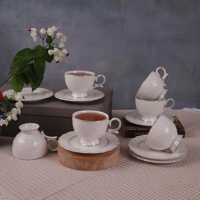 GuangYang 12 Pieces Fine Porcelain Unique Embossed Rose Tea Cups and Saucers set of 6 Special Handmade Gold Line Ceramic Cup for Cappucino