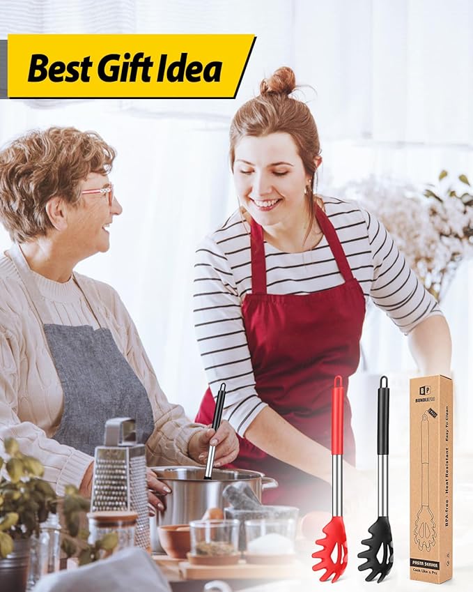 Pack of 2 Silicone Pasta Fork, Kitchen Heat Resistant Noodle Spoon Server, BPA Free Spaghetti Strainer, Best Cooking Tools (BLACK-RED)