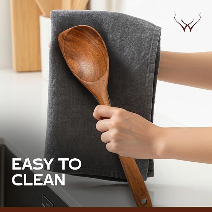 Corner Wooden Spoon for Cooking 12” Long Handle - Cooking Utensils Set for Women & Chefs, Elegant Wooden Kitchen Utensil Set with Rest, Essential Wooden Utensil Set for Kitchen & Perfect Gifts