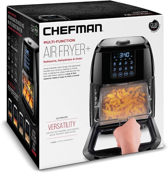 Chefman Compact 6.3-Qt 4-In-1 Digital Air Fryer+, Rotisserie, Dehydrator, Convection Oven, XL Family Size, 8 Touch Screen Presets, BPA-Free, Auto Shutoff, Accessories Included, Black