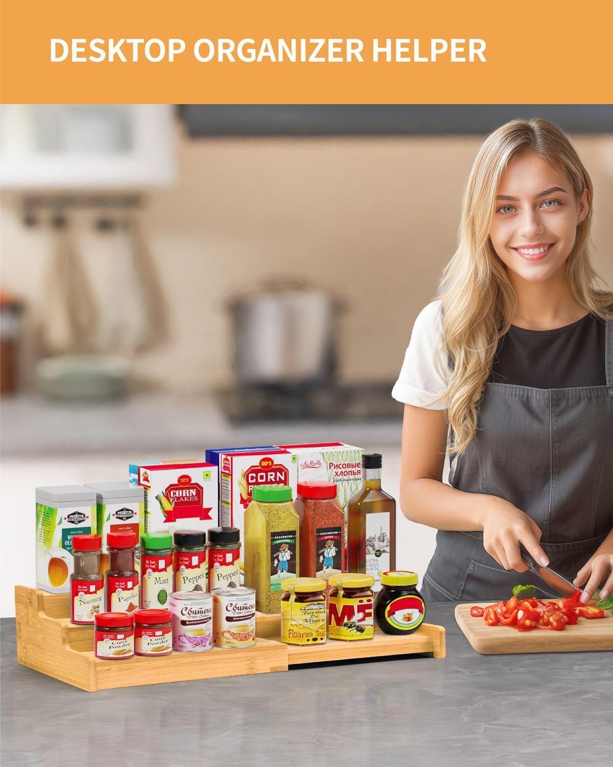 Spice Rack Organizer, 3 Tier Expandable Bamboo Spice Rack Organizer, Great for Kitchen Cabinet, Cupboard, Pantry and More-Bamboo