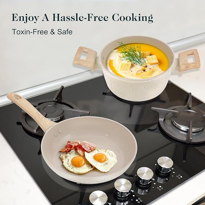 Pots and Pans Set Non Stick, 11pcs Ceramic Cookware Set, Non Toxic Induction Kitchen Cookware Sets, Nonstick Cooking Set with Stay Cool Handle, 100% PFOA Free, Cream