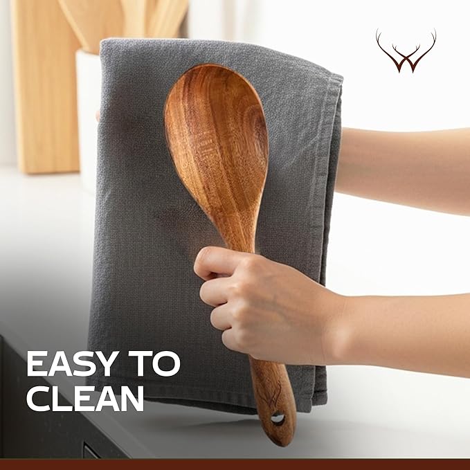 Premium Teak Wooden Spoon for Cooking 12” Long Handle - Cooking Utensils Set for Women & Chefs, Elegant Wooden Kitchen Utensil Set with Rest, Essential Wooden Utensil Set for Kitchen & Perfect Gifts