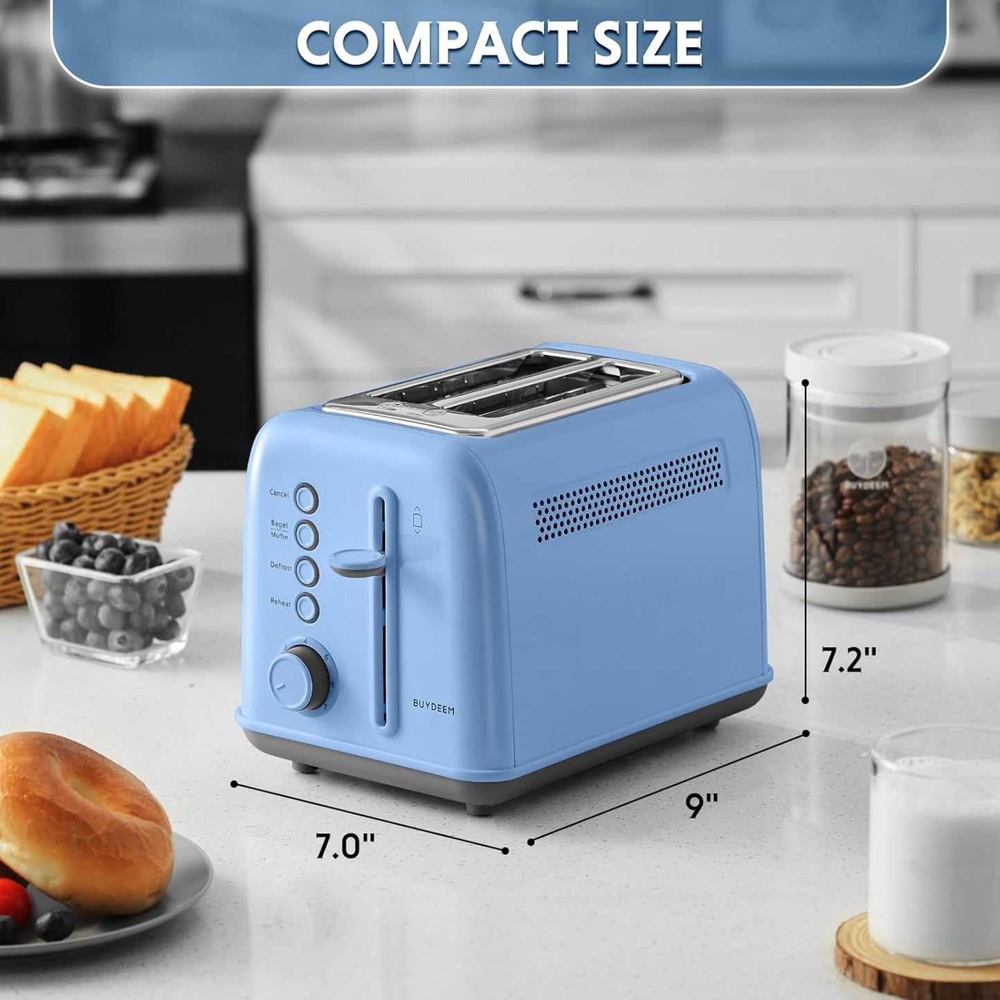 BUYDEEM DT620 2-Slice Toaster, Extra Wide Slots, Retro Stainless Steel with High Lift Lever, Bagel and Muffin Function, Removal Crumb Tray, 7-Shade Settings,Blue