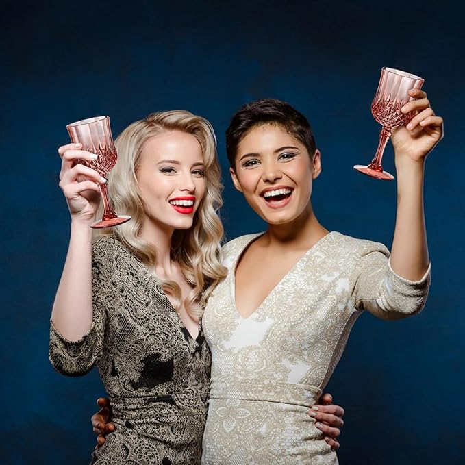 XUWAIDSGN 7oz Plastic Vintage Rose Gold Drinking Glasses Pink Wine Glasses Unbreakable Wedding Glassware Crystal Water Goblets Reusable Drinkware Vintage Champagne Flutes (16, Rose Gold)