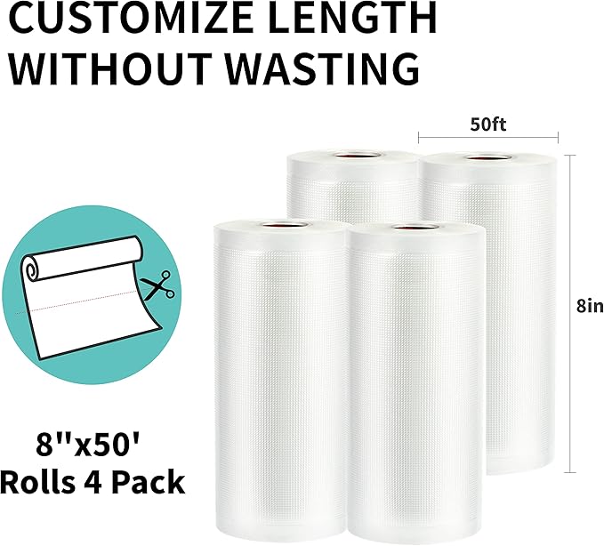 Happy Seal Vacuum Sealer Bags 8" x 50' 4 Pack for Food Saver, Rolls for Custom Fit Airtight Food Storage, Meal Prep or Sous Vide, Commercial Grade Vacuum Seal Freezer Bags