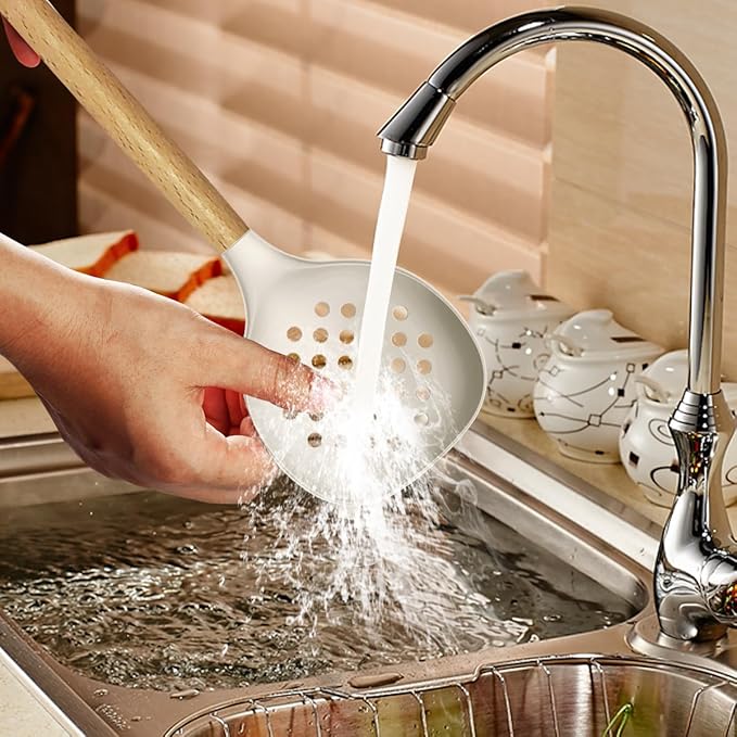 Silicone Cooking Utensils Set - 446°F Heat Resistant Silicone Kitchen Utensils for Cooking,Kitchen Utensil Spatula Set w Wooden Handles and Holder, BPA FREE Gadgets for Non-Stick Cookware (Khaki)