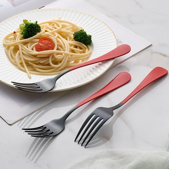Black and Red Dinner Fork, 18/0 Red handle Stainless Steel Satin Finish 8.1-inch Silverware Flatware Fork Set, Set of 24, Dishwasher Safe