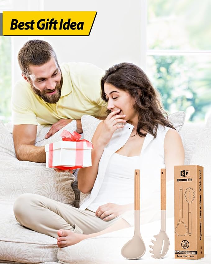 Silicone Pasta Fork and Ladle Spoon Set with Wooden Handle, Heat Resistant Non Stick Kitchen Utensils for Cooking, Stirring, Serving Spaghetti, Soup, Sauce(KHAKI)