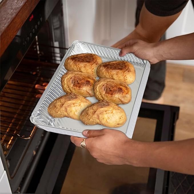 PLASTICPRO Aluminum Pans 100 Pack Disposable Cookie Sheets 13 x 17 Baking Pans Premium Quality Heavy Duty Sheet Pans