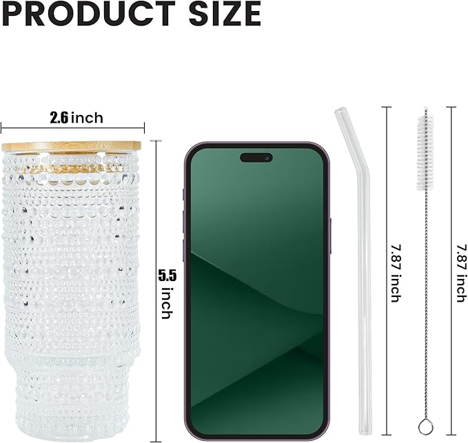 2 Pcs 16 oz Glasses Cups Set with Bamboo Lids Straws Brush Hobnail Glassware Set for Juice Iced Coffee Beer and Cocktail Whiskey(Hobnail*2)