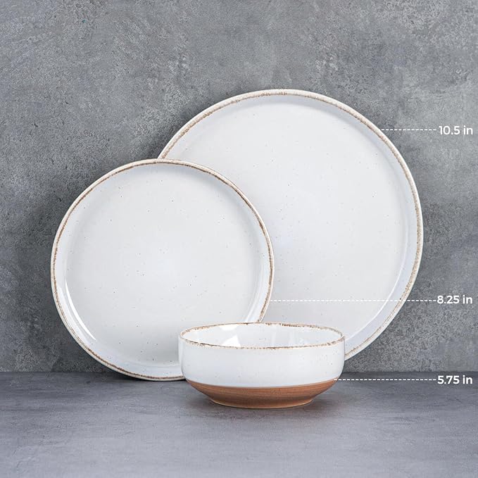 AmorArc Ceramic Dinnerware Sets for 4, 12 Pieces Handpainted Plates and Bowls Set with Rustic Terracotta Underside, Scratch Resistant Stoneware Dishes Set, Dishwasher & Microwave Safe, White
