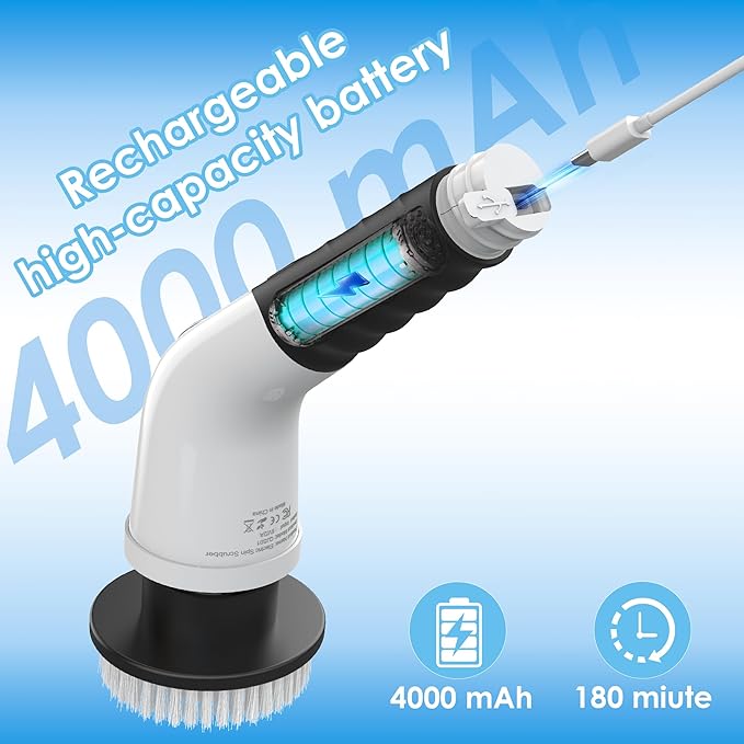 Electric Spin Scrubber,Cordless Cleaning Brush, 3-Speed,7 Replaceable Brush Heads & Long Detachable Handle, LCD Display Shows RPM/Torque/Battery, for Bathroom, Kitchen, Tile