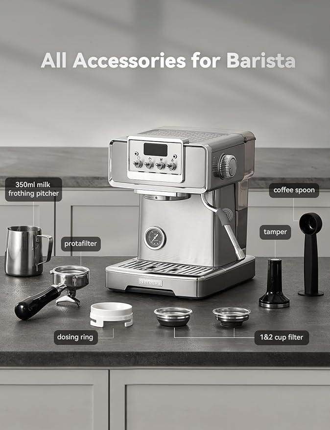 Neretva Espresso Coffee Machine, Professional Espresso Machine with Pressure Gauge 15Bar Retro Espresso Maker with Power Milk Frother Stainless Steel for Home Barista Latte and Cappuccino Maker-Silver