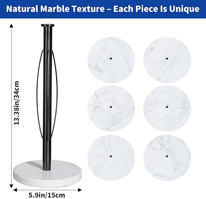 YIGII Heavy Marble Base Paper Towel Holder – Countertop Paper Roll Holder for Kitchen or Bathroom, Non-Slip Weighted Design, Fits Standard Paper Towels, White Marble & Gunmetal Black