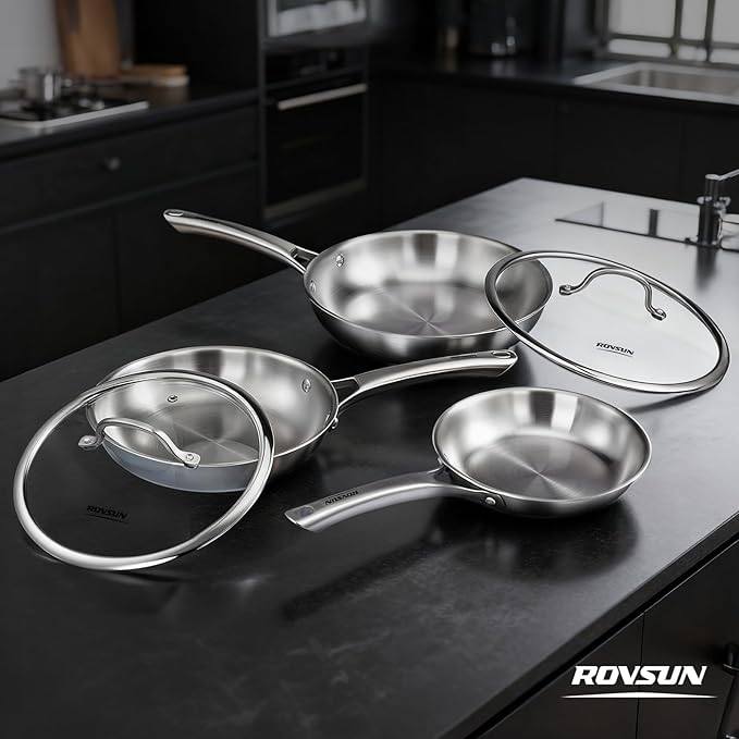 ROVSUN 8-10-12 Inch Stainless Steel Cookware Set, 3 pcs Tri-Ply Skillets Set, Full Clad Stainless Steel Chef's Pan, PFOA & PTFE Free Skillets, Compatible for All Cooktops, Dishwasher & Oven Safe