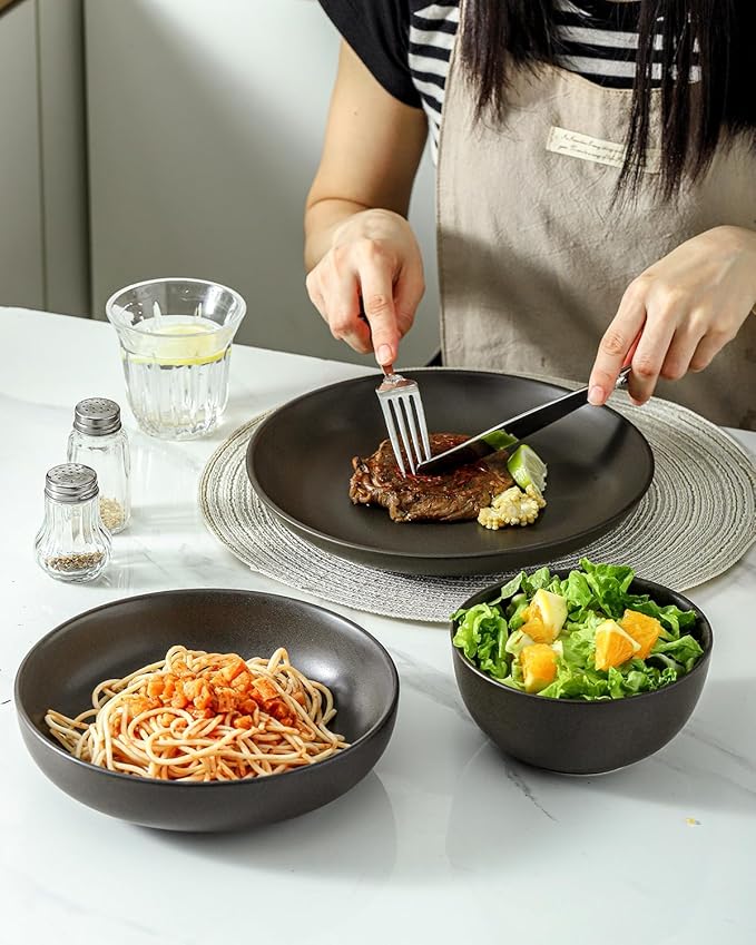 3 Piece Dinnerware Set, Stoneware Plate and Bowl Set, Ceramic Serveware Set, Scratch Resistant, Dishwasher & Microwave Safe, Matte Black
