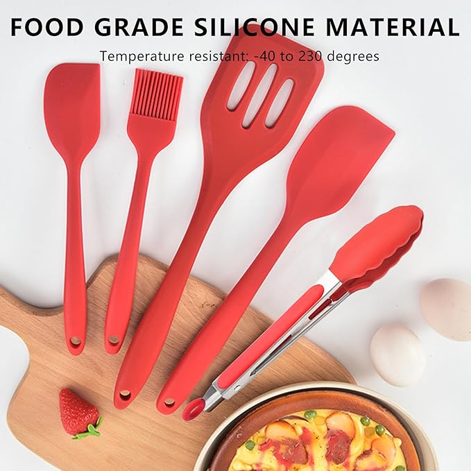 NileHome 4 Pack Silicone Spatula and Grilling Tongs Kitchen Utensils with Silicone Brush Heat Resistant BPA-free Rubber Spatula for Scraping, Baking, Cooking, Mixing-Red