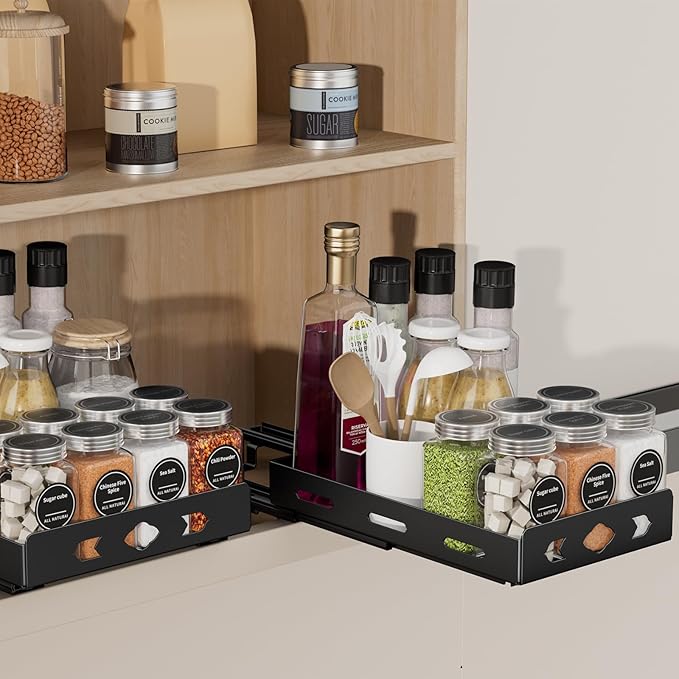 Pull Out Spice Rack Organizer for Cabinet, Heavy Duty-Slide Out Spice Rack, Vertical Spice Rack for Kitchen Cabinet and Pantry (6.3''Wx10.5''Dx2.8''H, Metal Black)