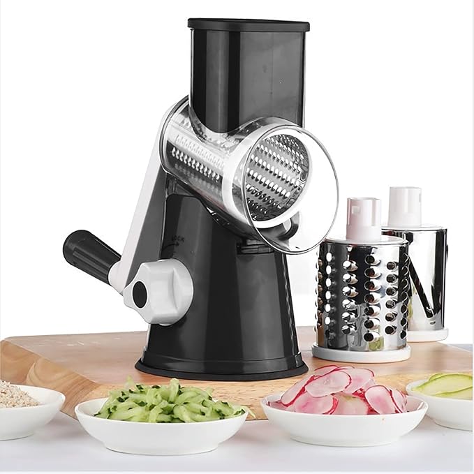 Rotary Cheese Grater with Handle: Cheese Grater with 3 Stainless Steel Blades, High Efficiency Easy Clean Grater, Non-Slip Suction Cheese Shredder, Rotary Grater Ideal For Cheese And More-Black