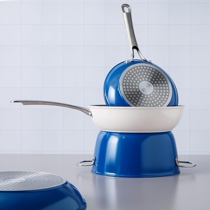 Sur La Table Kitchen Essentials 10 Piece PFA Free Titanium Ceramic Nonstick Interior Forged Aluminum Cookware Pots and Pans Set - Blue - Induction Compatible