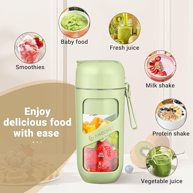 AMZCHEF Portable Blender, Strong Cutting Power with 10-Blade,Type-C Rechargeable,Vacuum Personal Size Mini Blender for Shakes and Smoothies, BPA free, for Sports, Travel, Hiking