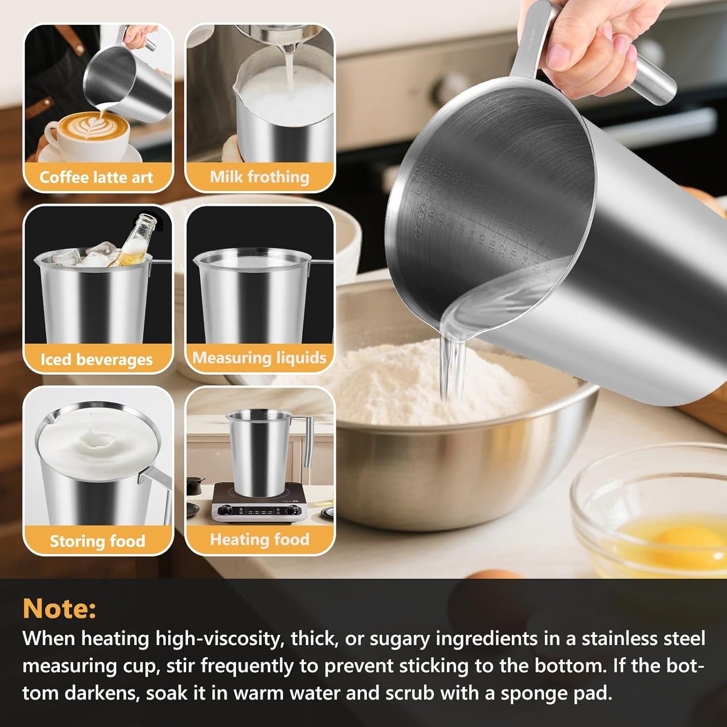 2000ml Stainless Steel Measuring Cup 64 oz with Handle and Glass Lid, Metal Measuring Pitchers with ML/Ounce Scale, Large Mouth Graduated Beakers