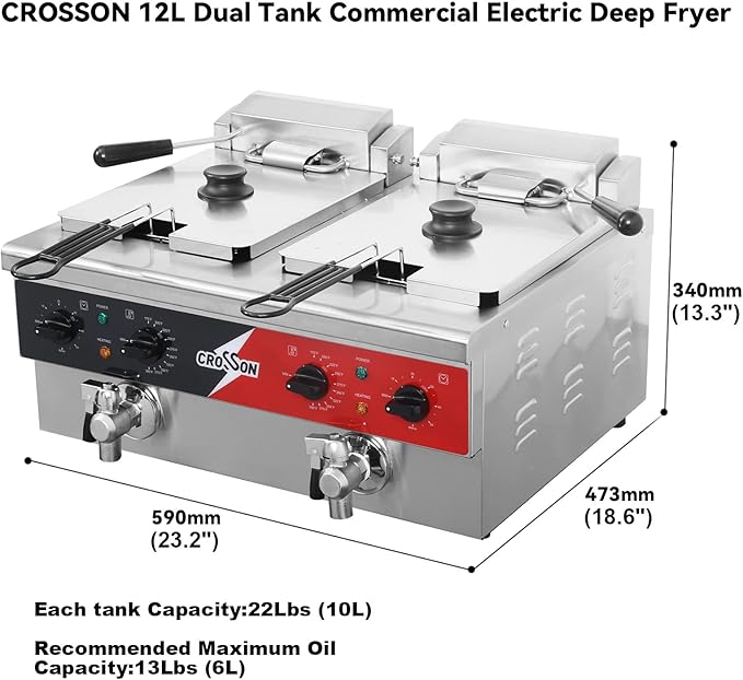 CROSSON 12L Dual Tank Countertop Electric Deep Fryer with Drain,Solid Basket and Lid for Restaurant and Home Use 120V,3600W Stainless Steel Commercial Deep Fryer (EF-6V-2)
