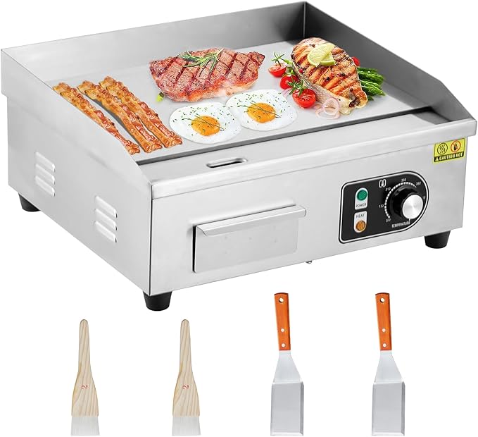 14" Commercial Electric Griddle, 1500W Electric Countertop Griddle, Non-Stick Restaurant 110V Teppanyaki Flat Top Grill Stainless Steel Adjustable Temperature Control 122°F-572°F (with PLUG)