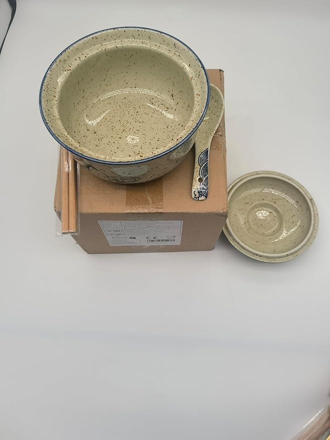 Ceramic Ramen Bowl Set, 800ml, with Lid, Spoon and Chopsticks, Japanese Vintage Large Soup Bowls Instant Noodle Bowl Asian Tableware (Fish*1)