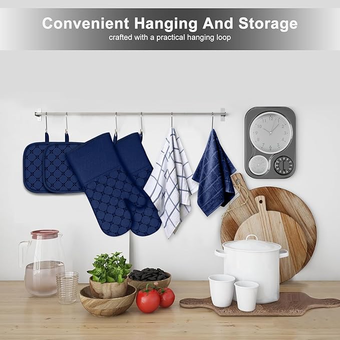 Oven Mitts Kitchen Towels Dishcloths with Pot Holders Sets 12PCS,Dish Towels Sets,Oven Gloves Pot Pads Heat Resistant 500 Degrees with Non-Slip Silicone Surface for Cooking Baking Grilling-Marine Blue