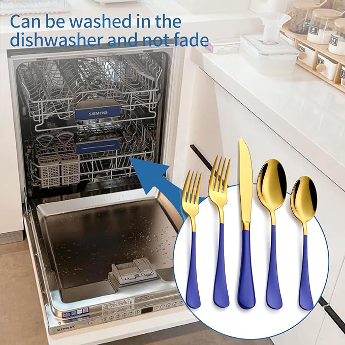 20-Piece Blue & Gold Silverware Set, 18/0 Stainless Steel Colorful Handle Flatware Set,Service for 4,Modern Cutlery Set Includes Dinner Knives Forks Spoons,Mirror Polished,Dishwasher Safe