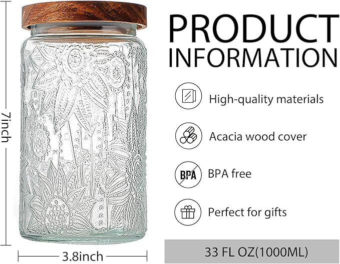 35oz/1000ml Glass Storage Jars with Nature Wood Lids, Airtight Food Storage Containers for Kitchen Organization, Large Capacity for Cookie, Pasta, Sugar, Flour, Cereal - Set of 2 (sunflower)