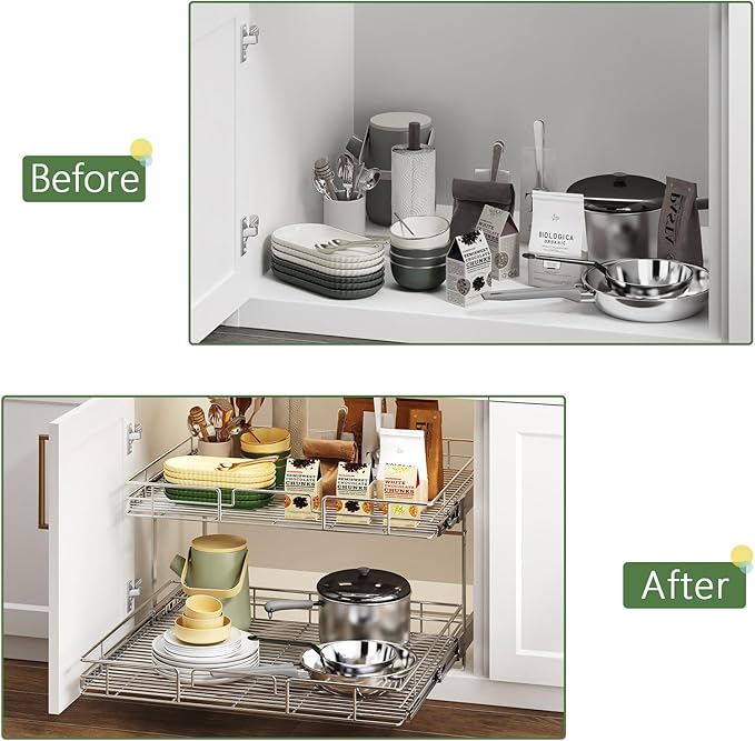 2 Tier Individual Pull Out Cabinet Organizer 25½" W x 21½" D, Heavy Duty Cabinet Pull Out Shelves, Slide Out Drawers Organization for Kitchen Cabinets Bathroom