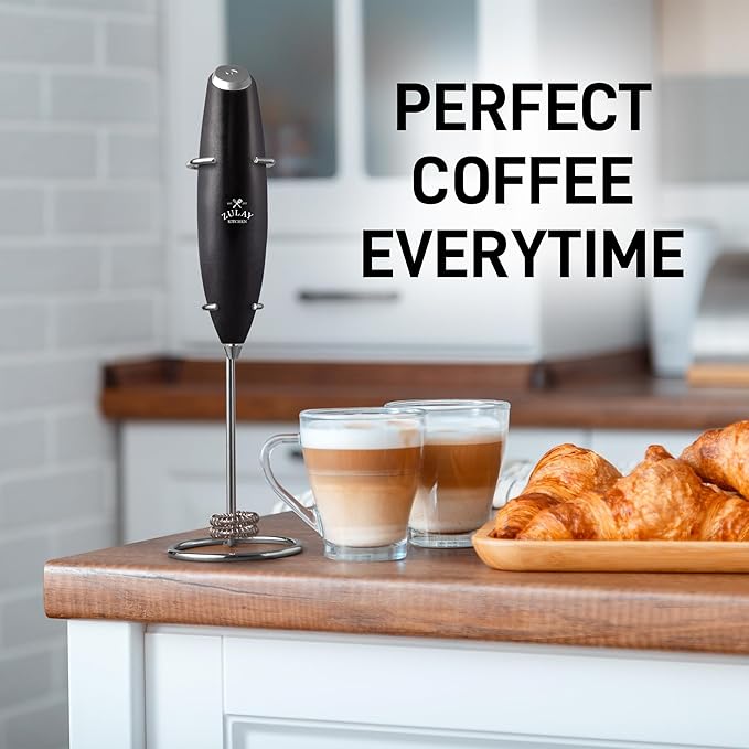 Zulay Kitchen Powerful Double Whisk Milk Frother Handheld - Foam Maker With Stand - Whisk Drink Mixer for Coffee, Mini Foamer for Latte, Matcha, Frappe, Hot Chocolate & Cappuccino (Metallic Black)