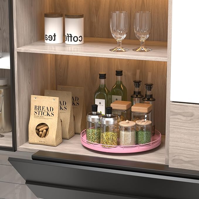 13" Oak Wood Lazy Susan Organizer, Lazy Susan for Cabinet Dining Table Pantry Wood Turntable Organizer Tray for Coffee Table Kitchen Countertop Spinning Spice Can Organization and Storage Round Pink