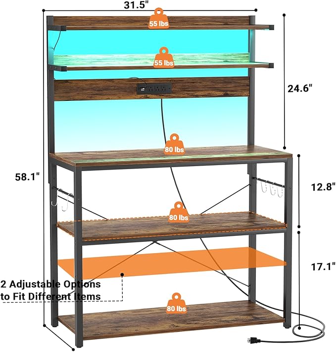Aheaplus Bakers Rack with Power Outlet, Microwave Stand, 5 Tiers Coffee Bar Station with Led Lights, Kitchen Storage Shelf with 6 S-Shaped Hooks, Kitchen Rack Coffee Bar Stand, Rustic Brown
