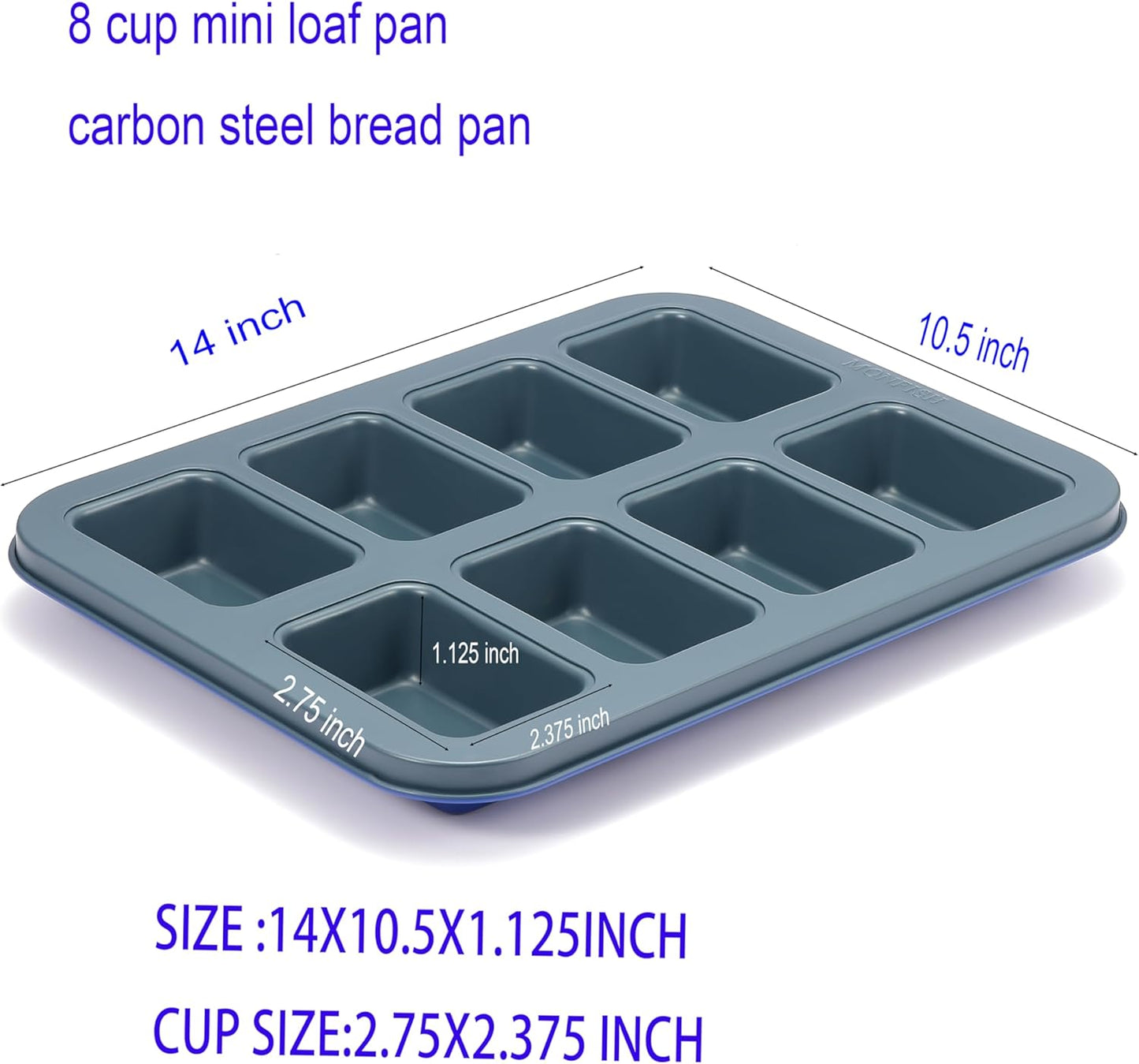 Monfish Mini loaf pan 8 cativy Small Rectangle brownie cake pan Carbon Steel Royal blue non stick