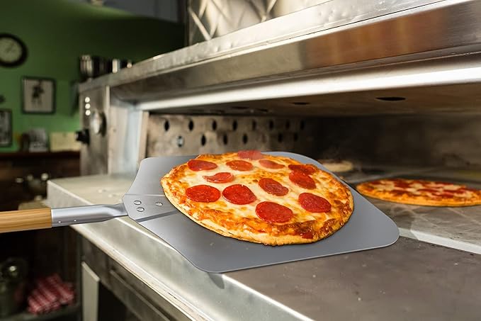 only fire Metal Pizza Peel with Wooden Handle for Indoor & Outdoor Grill Oven, 12 x 14 inch Pizza Baking Spatula Paddle for Baking Bread Pies, 28 Inch Long